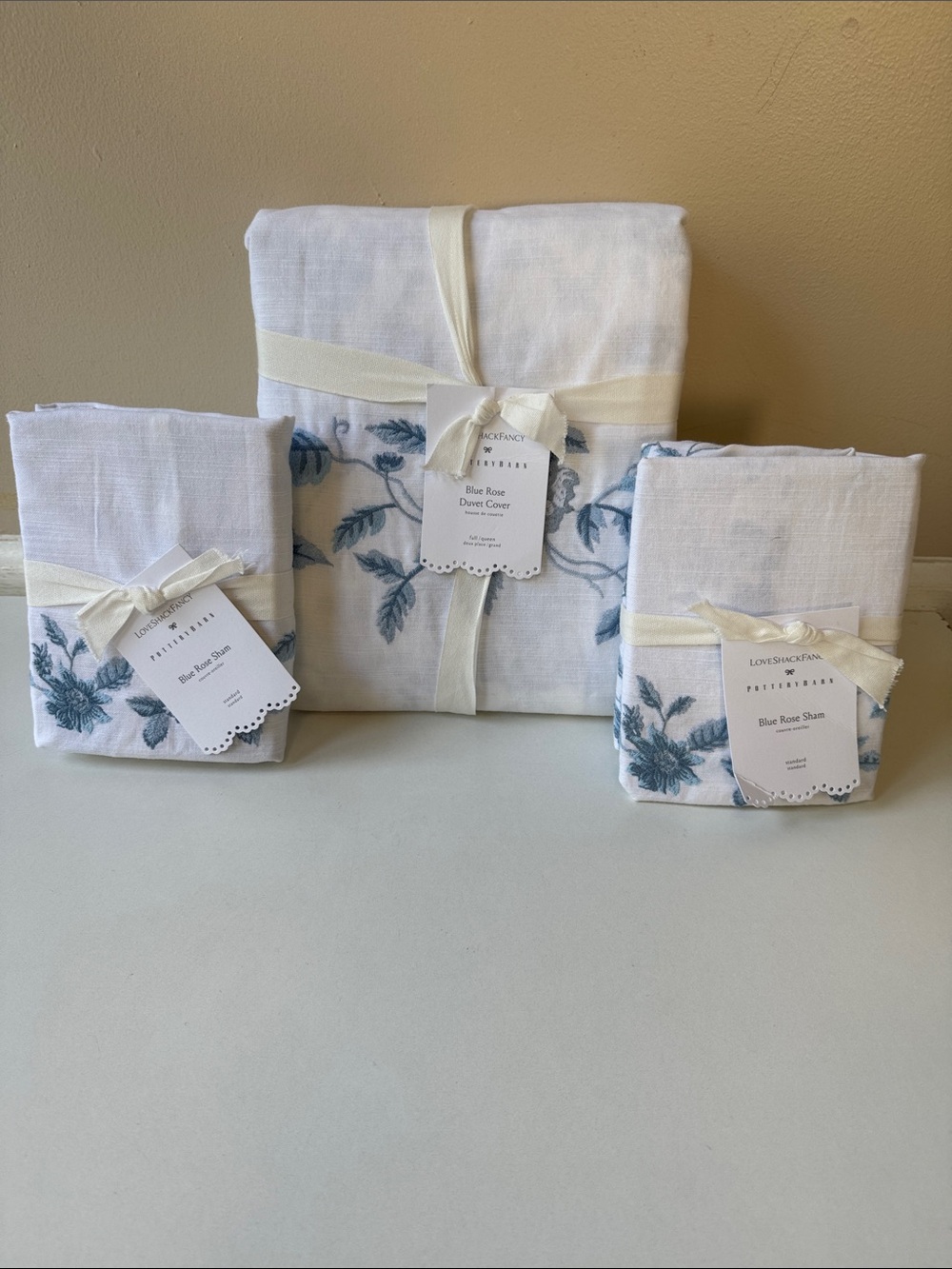 NEW Pottery Barn LoveShackFancy White Duvet & Shams with Blue Rose Print - Picture 7 of 16